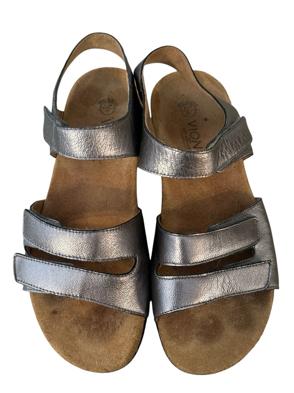 Vionic Metallic Pewter Valencia Silver Leather Orthaheel Flats Sandals Sz 9 - Picture 1 of 8